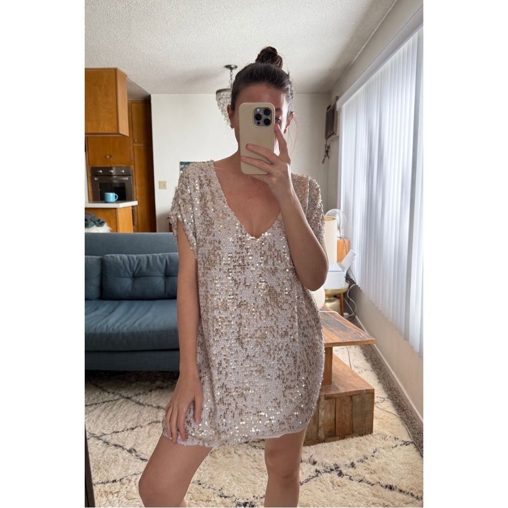 Free People Ivory and Gold Sequin Mini Dress XS